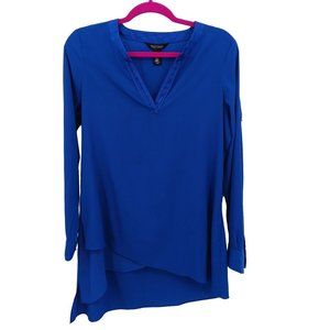 WHITE HOUSE BLACK MARKET BLUE HIGH LOW TUNIC ASYMMETRICAL HEM ROLL TAB SLEEVE  S